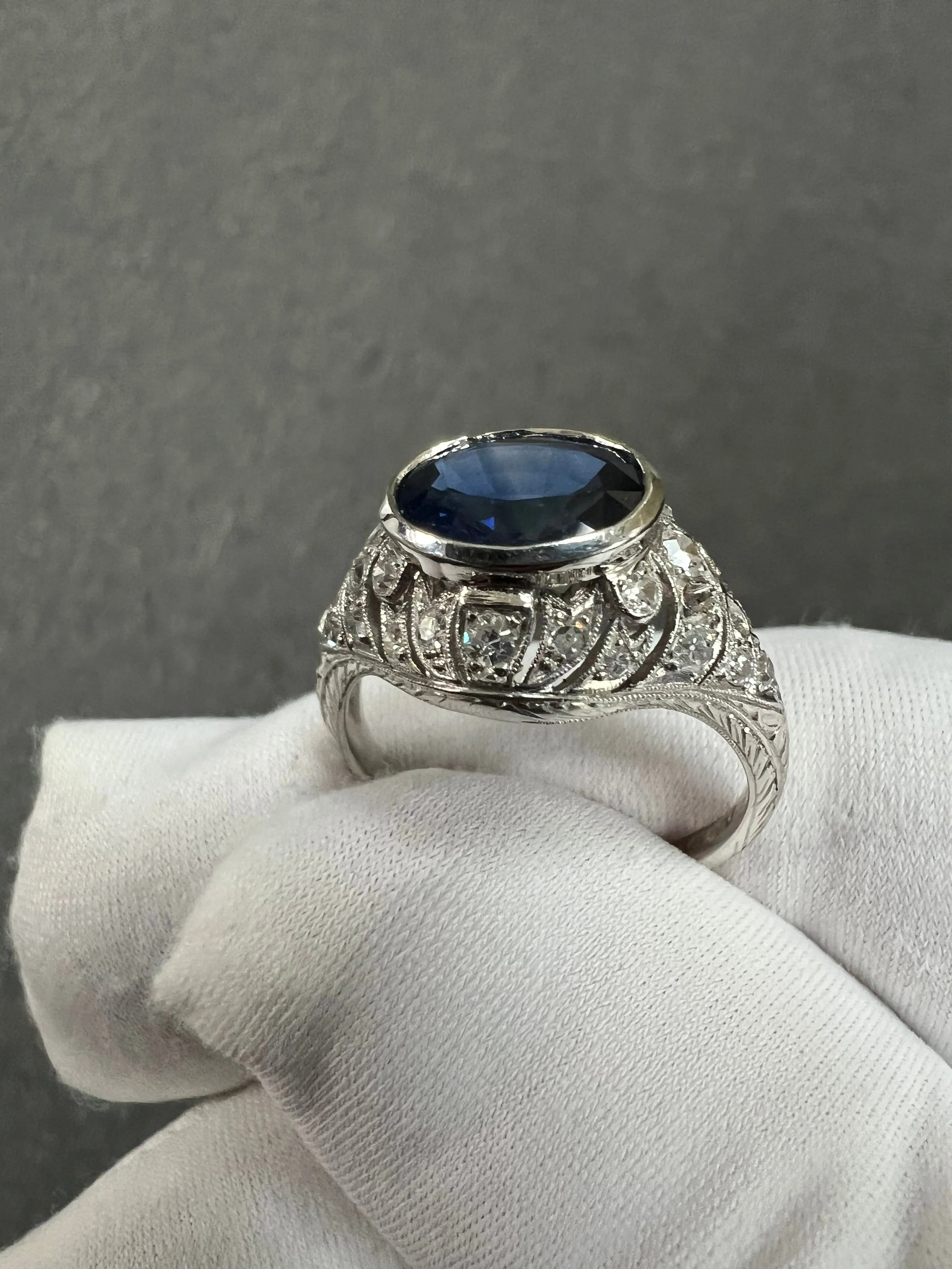1930s Art Deco Sapphire Diamond Platinum Engagement Ring Size 8.5