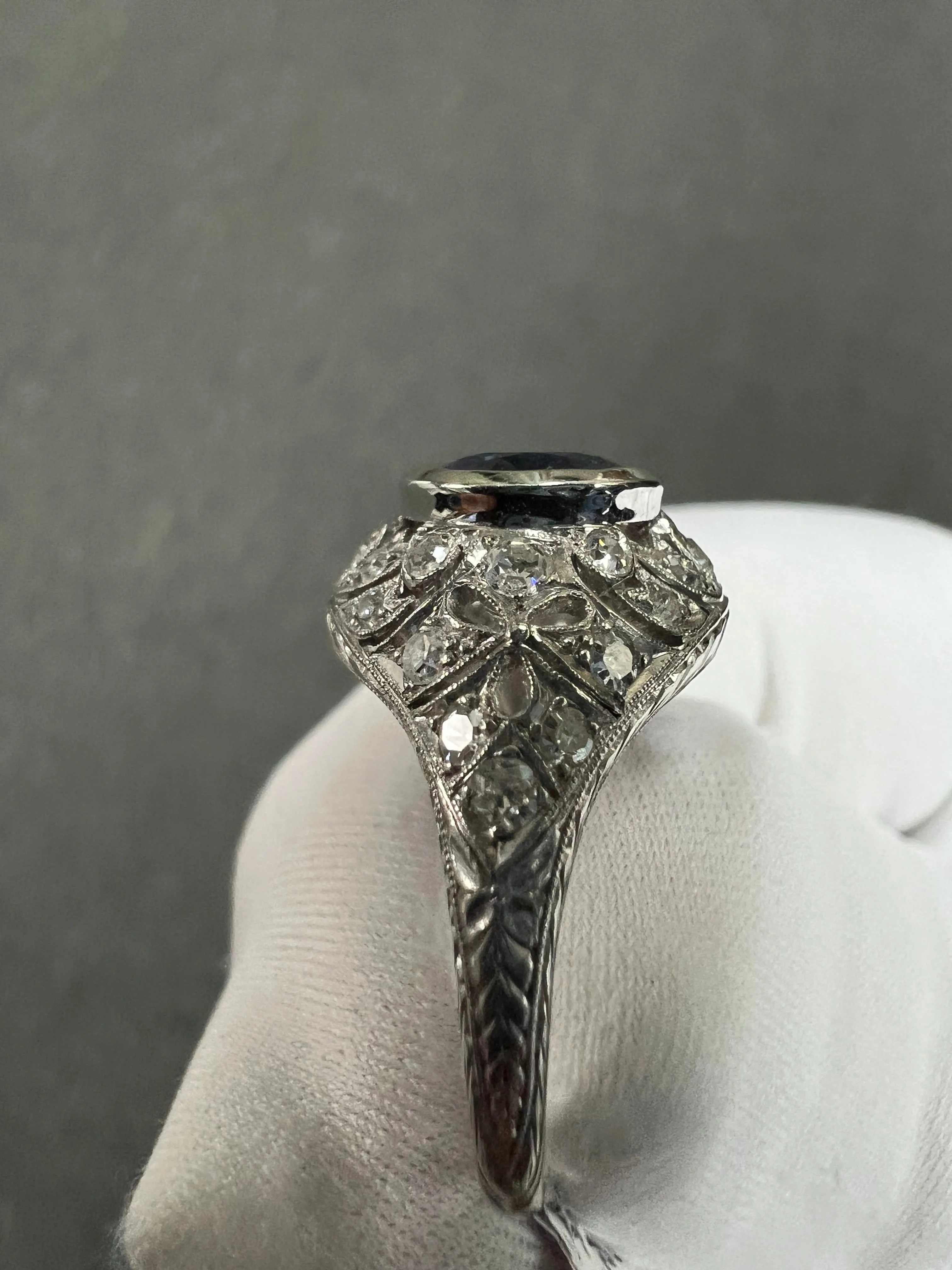 1930s Art Deco Sapphire Diamond Platinum Engagement Ring Size 8.5