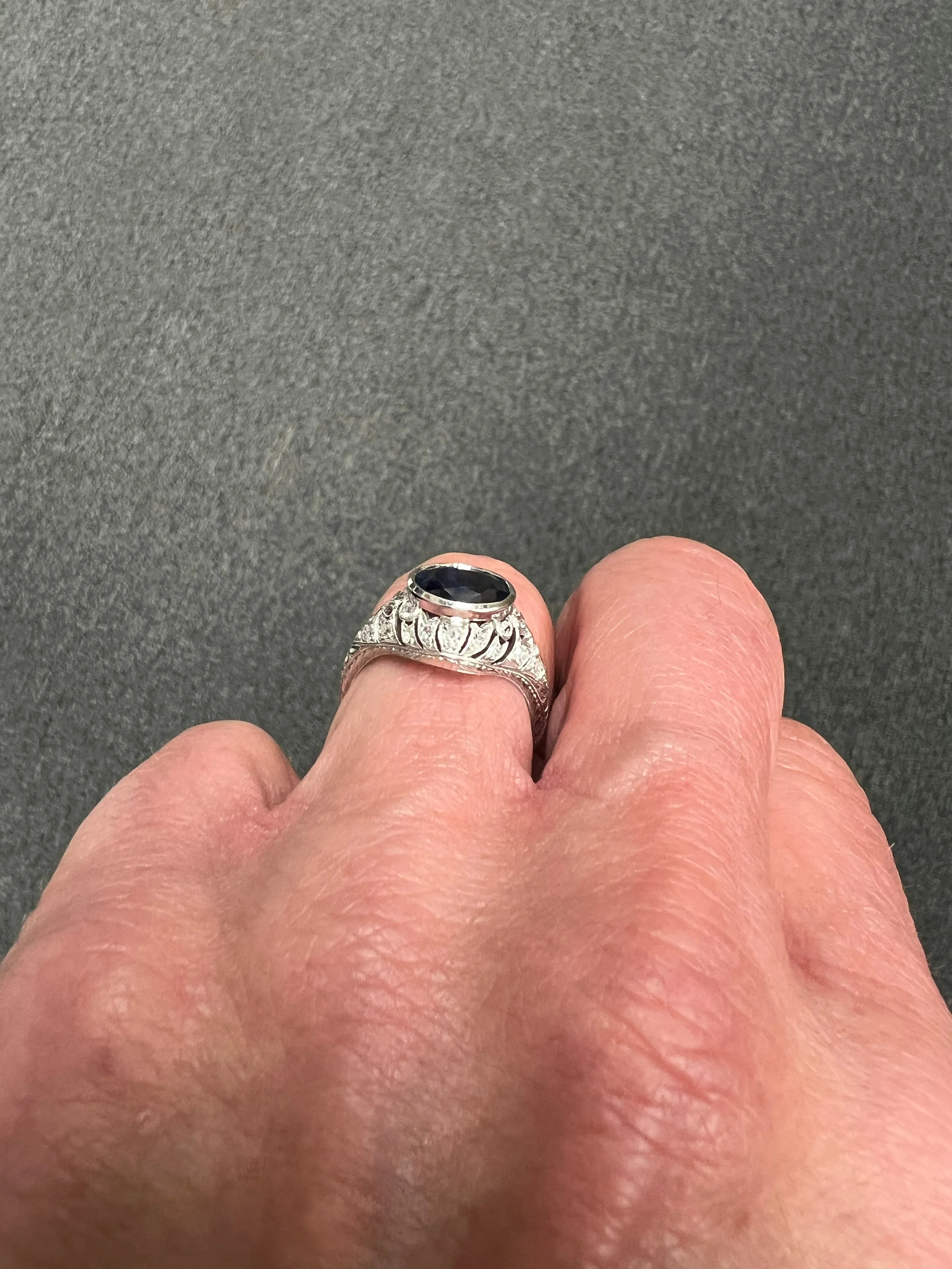 1930s Art Deco Sapphire Diamond Platinum Engagement Ring Size 8.5