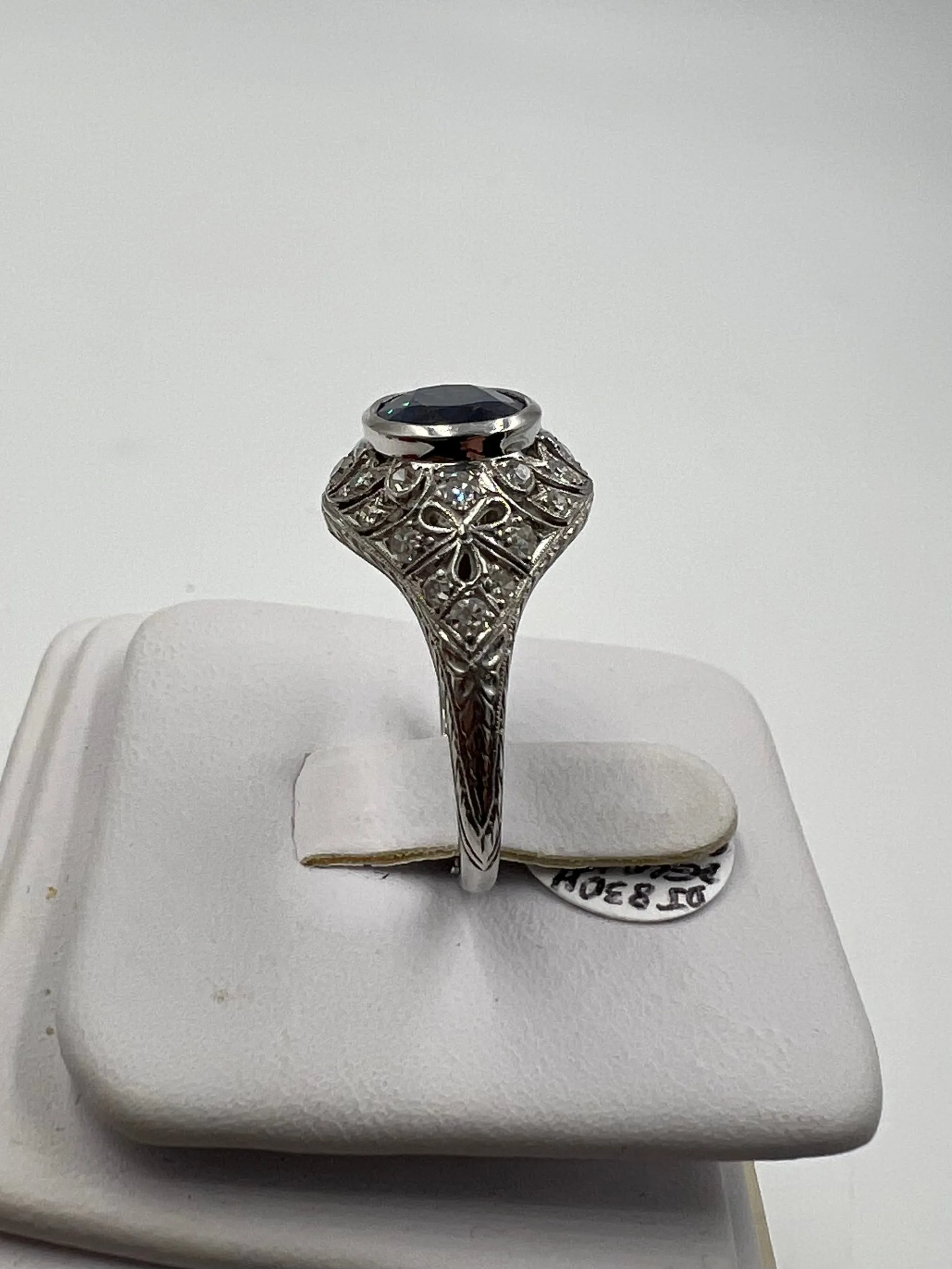 1930s Art Deco Sapphire Diamond Platinum Engagement Ring Size 8.5