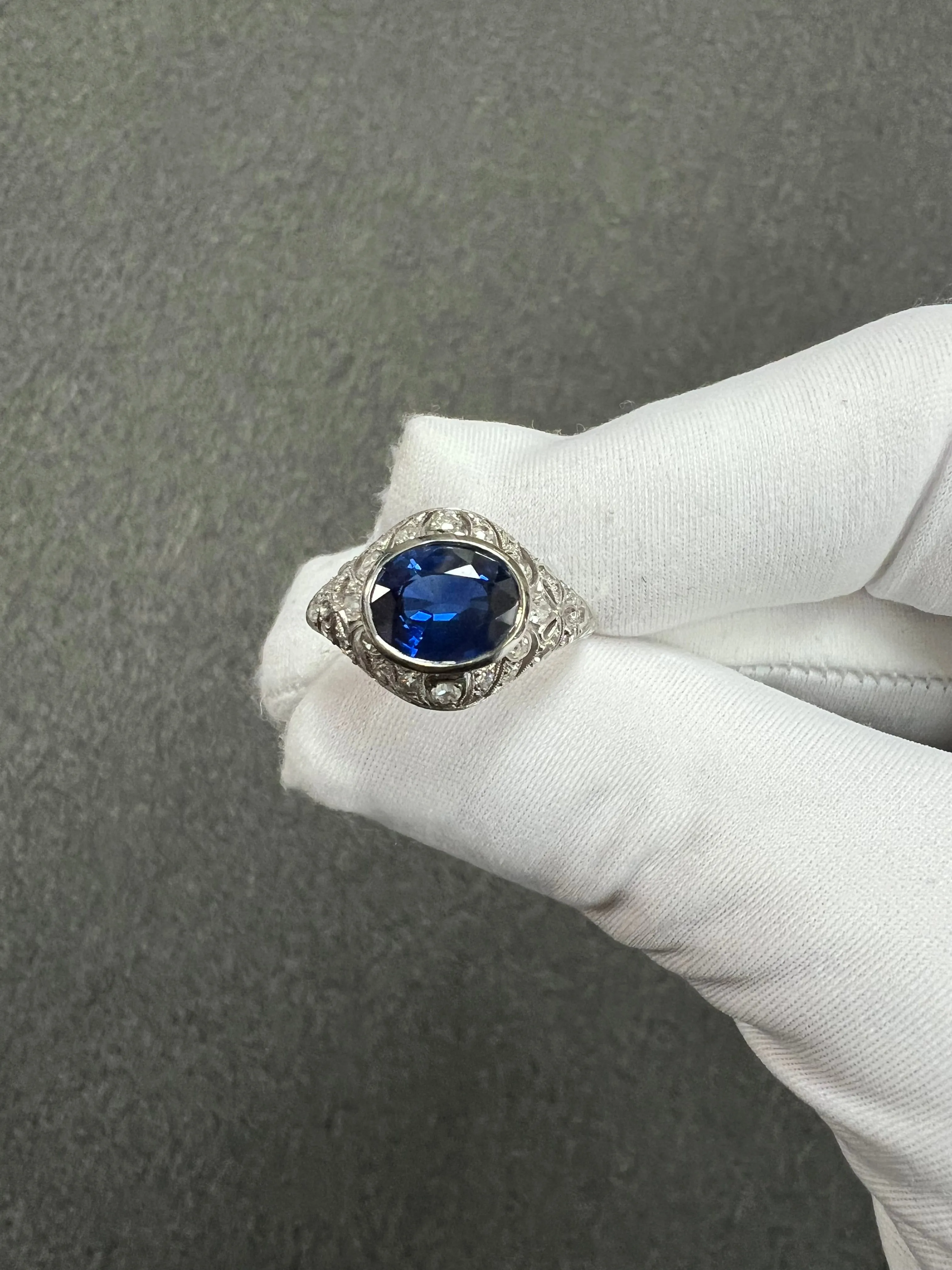 1930s Art Deco Sapphire Diamond Platinum Engagement Ring Size 8.5