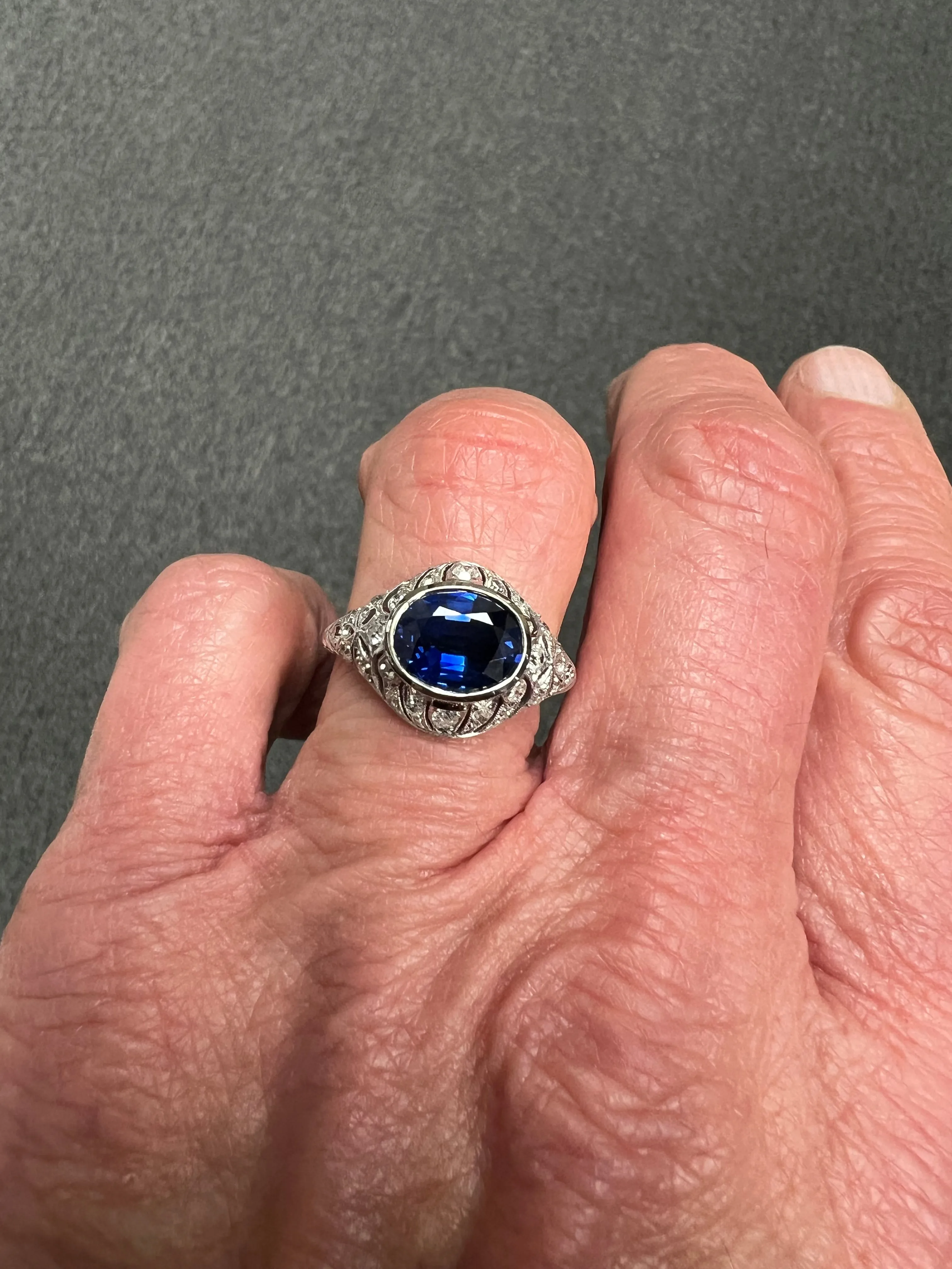 1930s Art Deco Sapphire Diamond Platinum Engagement Ring Size 8.5