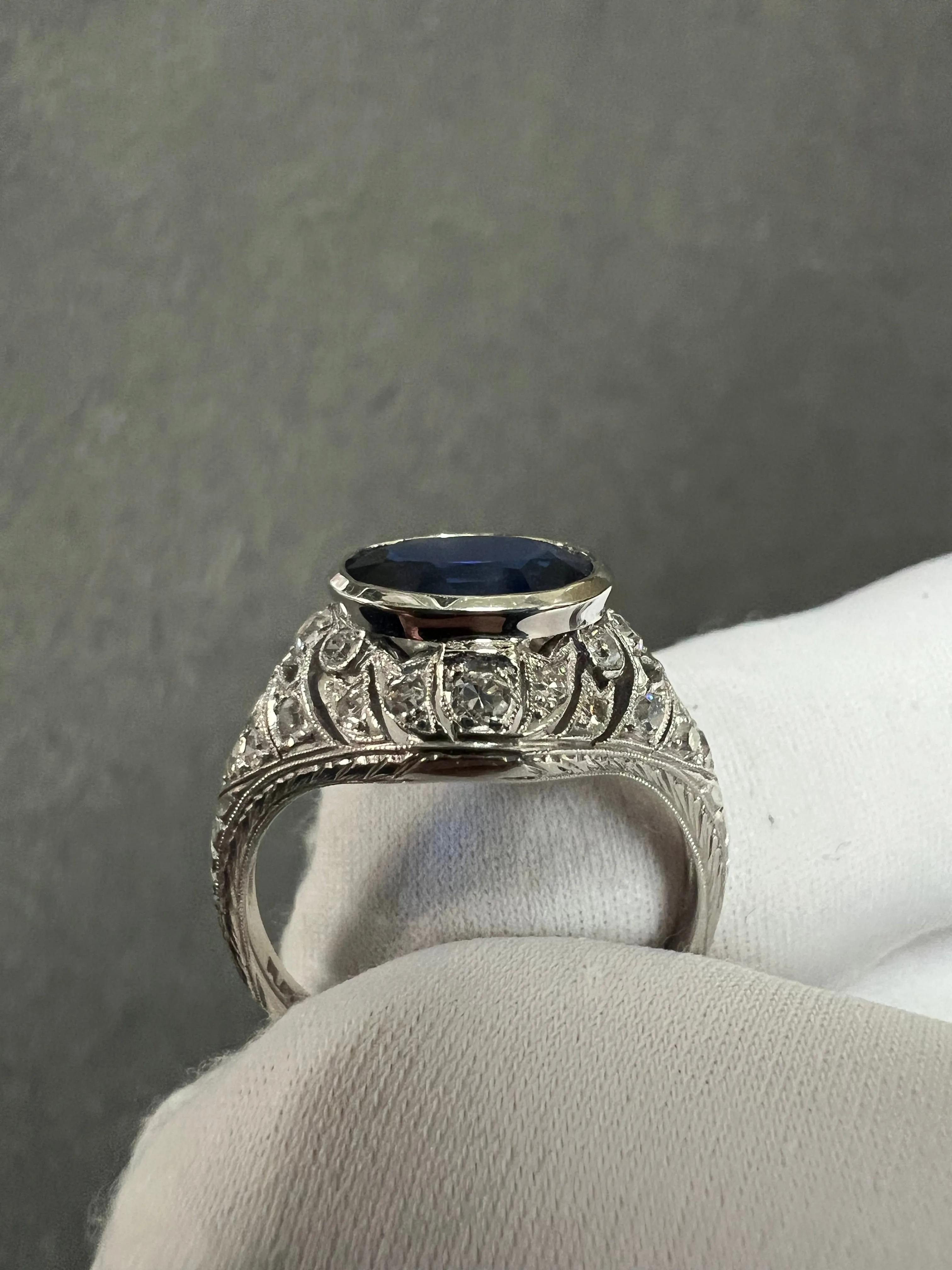 1930s Art Deco Sapphire Diamond Platinum Engagement Ring Size 8.5