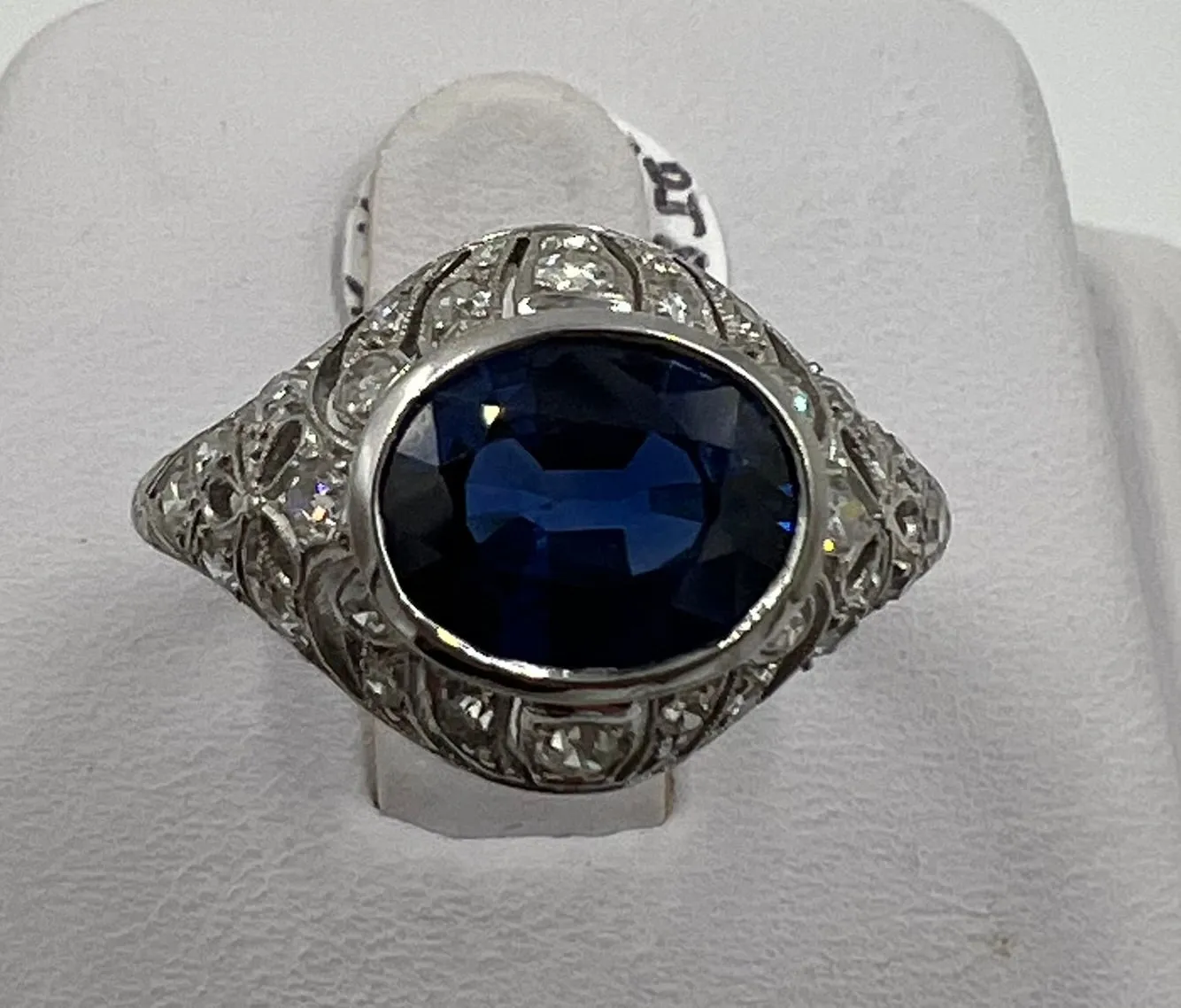 1930s Art Deco Sapphire Diamond Platinum Engagement Ring Size 8.5
