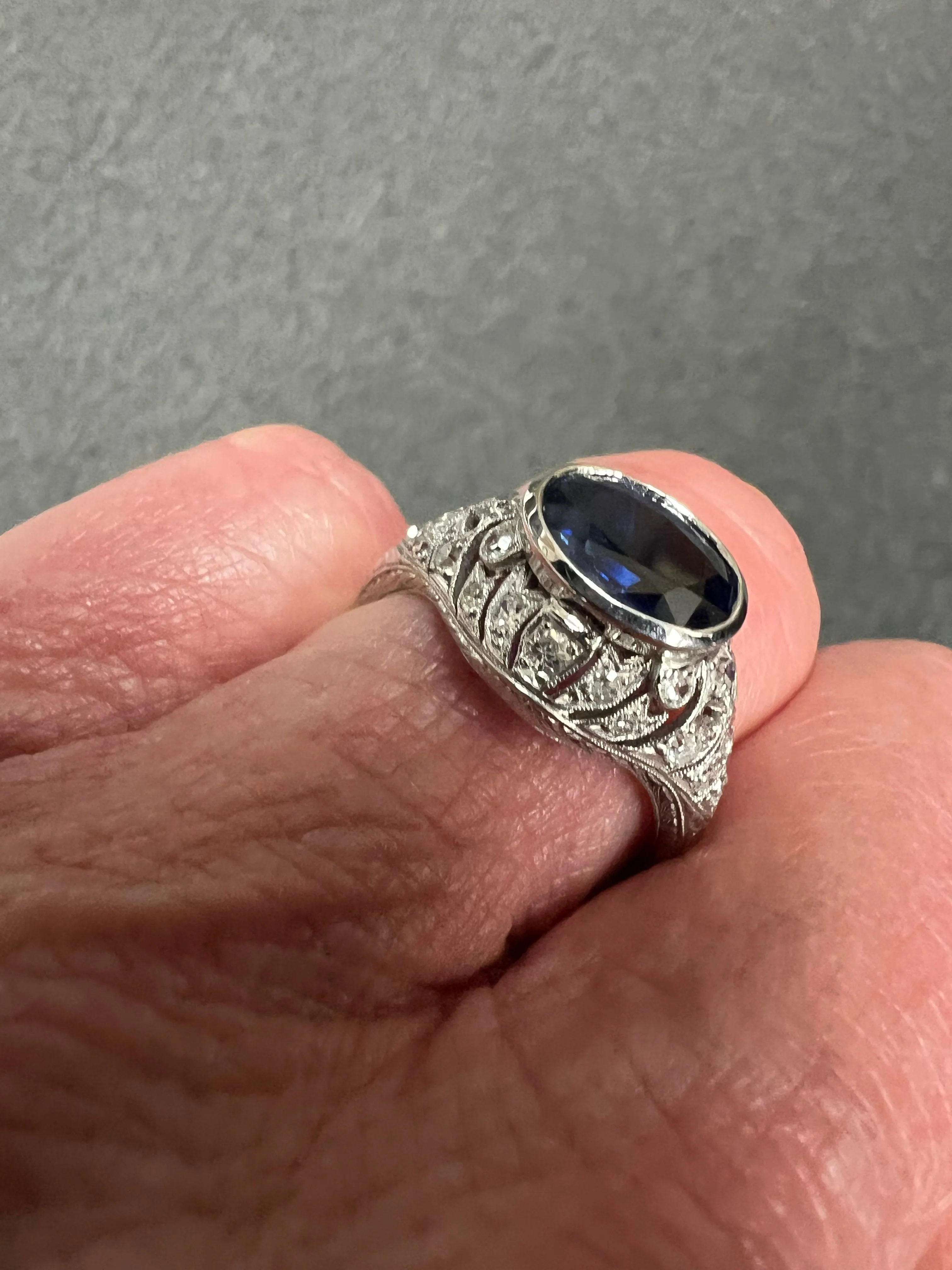 1930s Art Deco Sapphire Diamond Platinum Engagement Ring Size 8.5