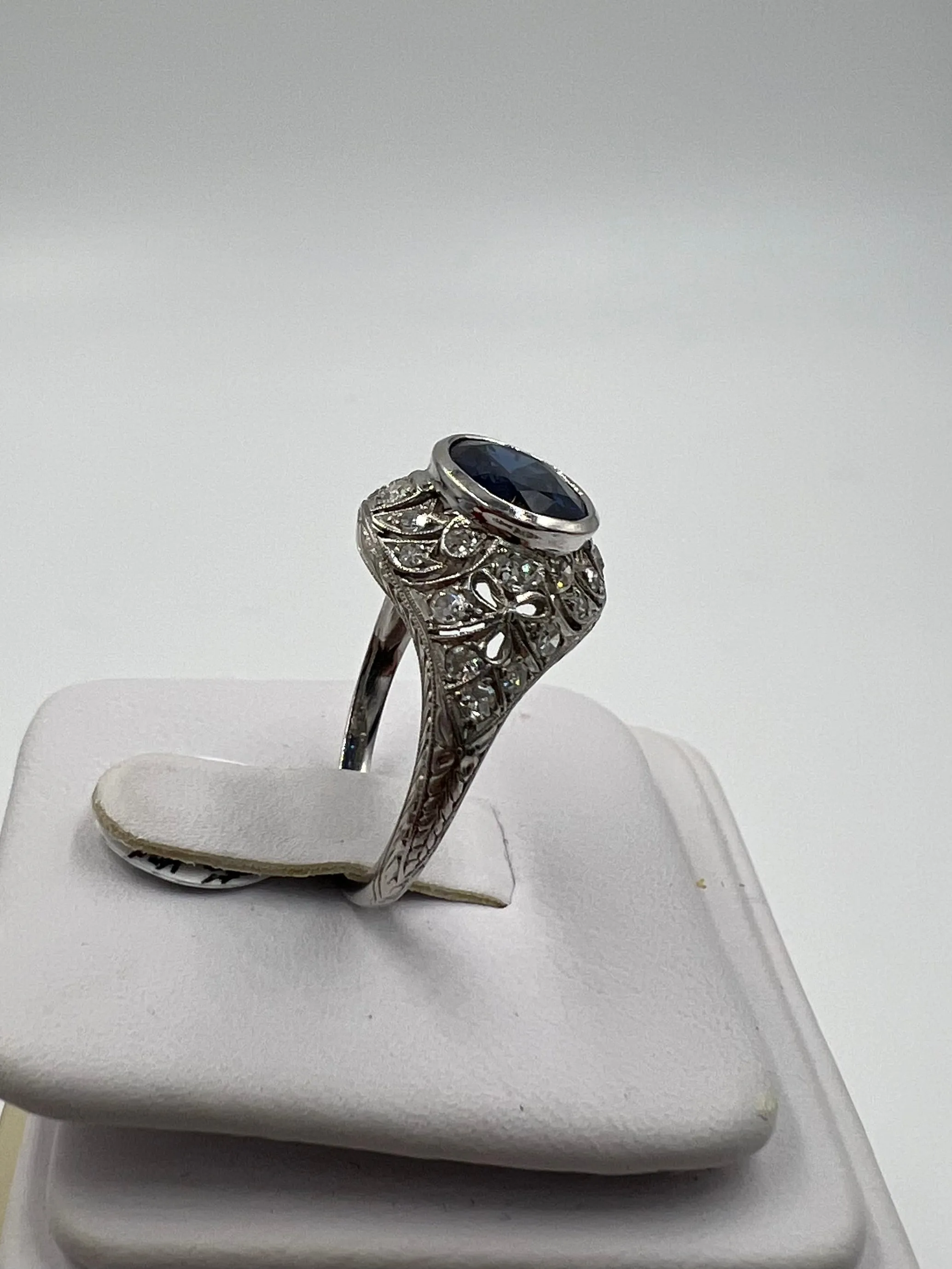 1930s Art Deco Sapphire Diamond Platinum Engagement Ring Size 8.5
