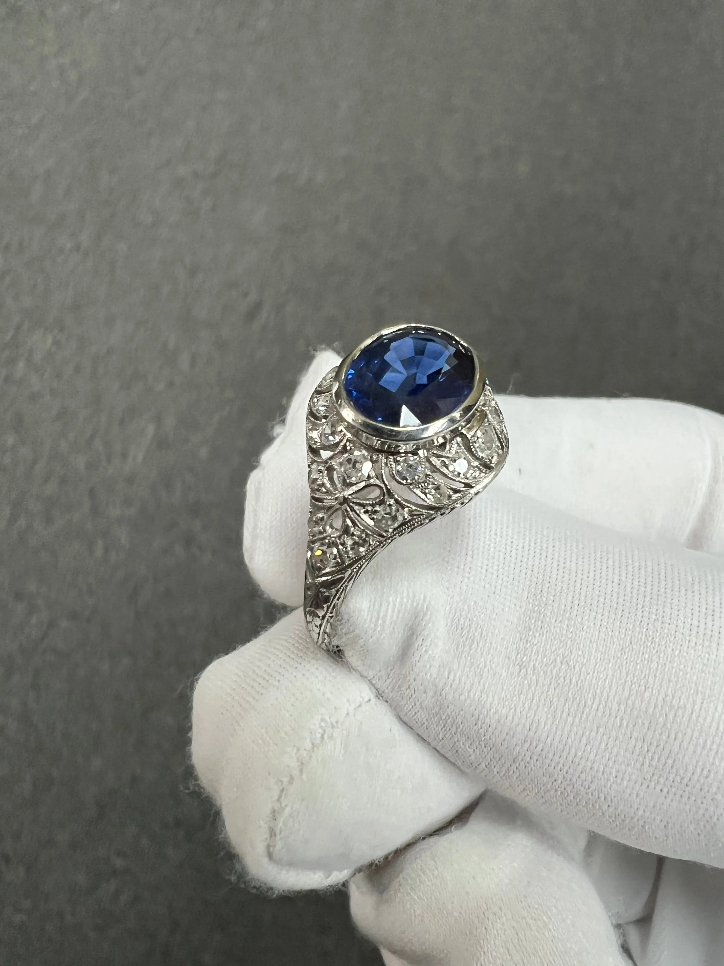 1930s Art Deco Sapphire Diamond Platinum Engagement Ring Size 8.5