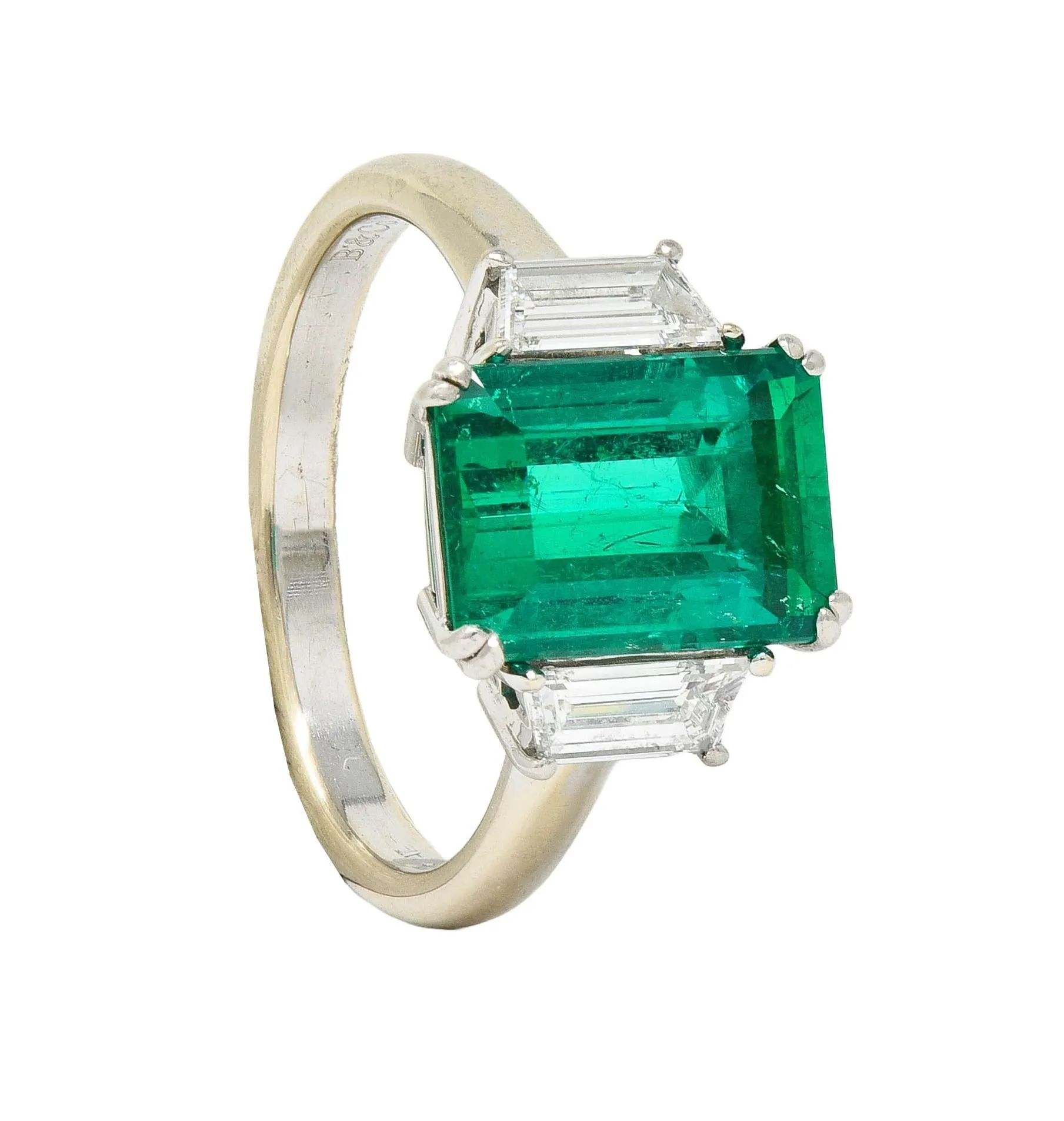 1980's 3.51 CTW Colombian Emerald Diamond Platinum 18 Karat White Gold Vintage Three Stone Ring AGL