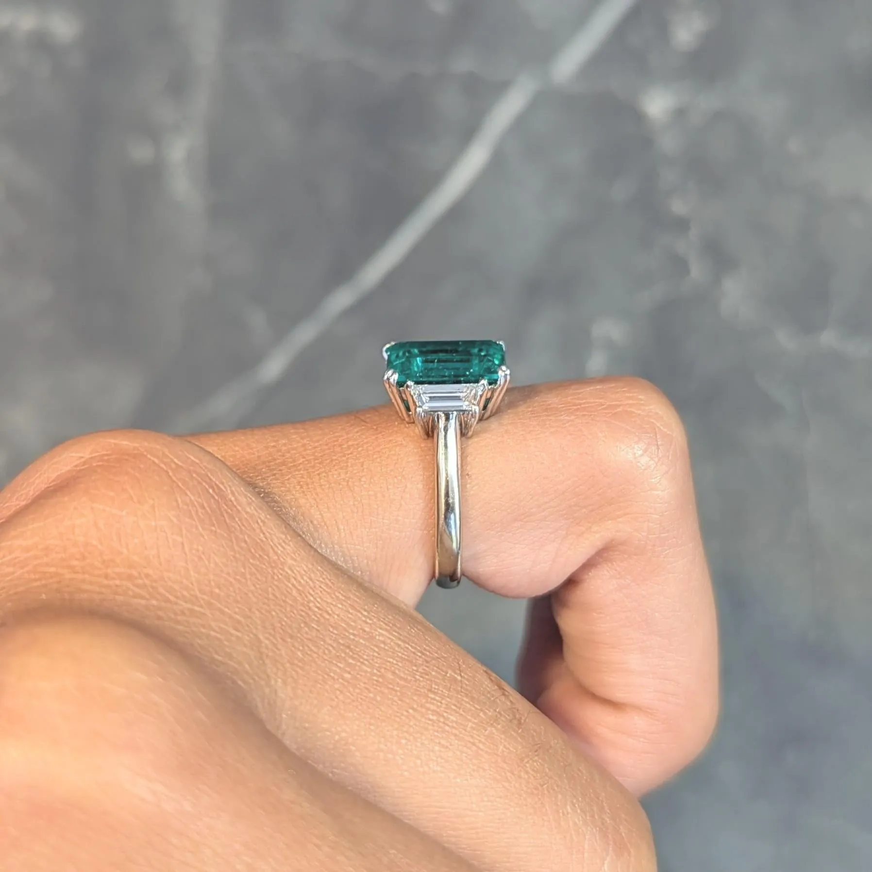 1980's 3.51 CTW Colombian Emerald Diamond Platinum 18 Karat White Gold Vintage Three Stone Ring AGL