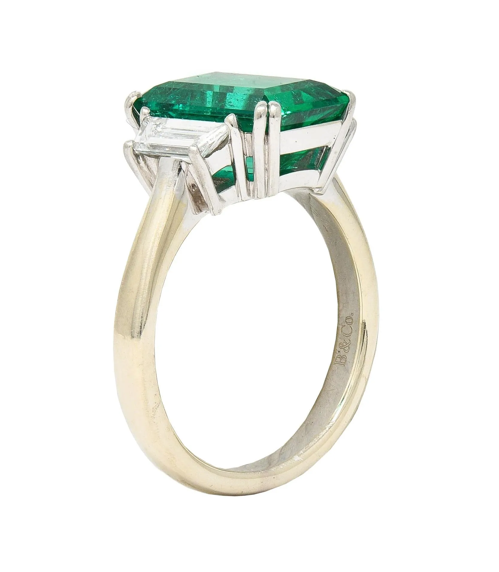 1980's 3.51 CTW Colombian Emerald Diamond Platinum 18 Karat White Gold Vintage Three Stone Ring AGL