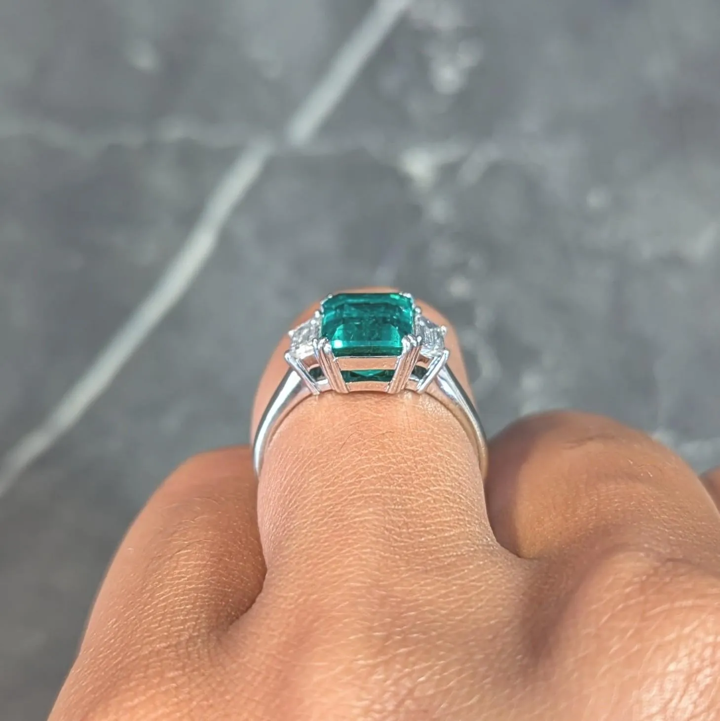1980's 3.51 CTW Colombian Emerald Diamond Platinum 18 Karat White Gold Vintage Three Stone Ring AGL