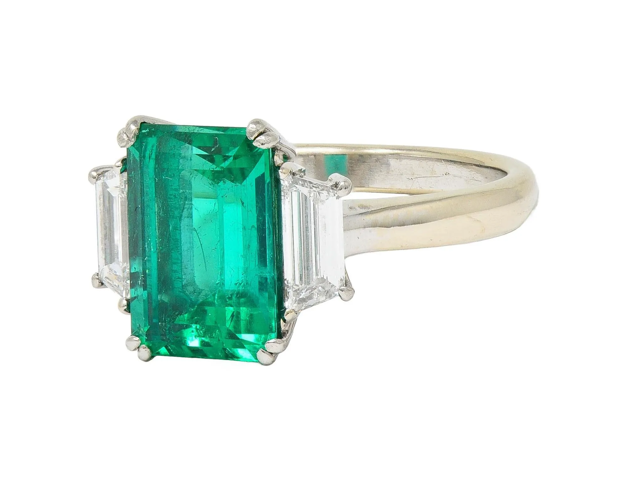 1980's 3.51 CTW Colombian Emerald Diamond Platinum 18 Karat White Gold Vintage Three Stone Ring AGL