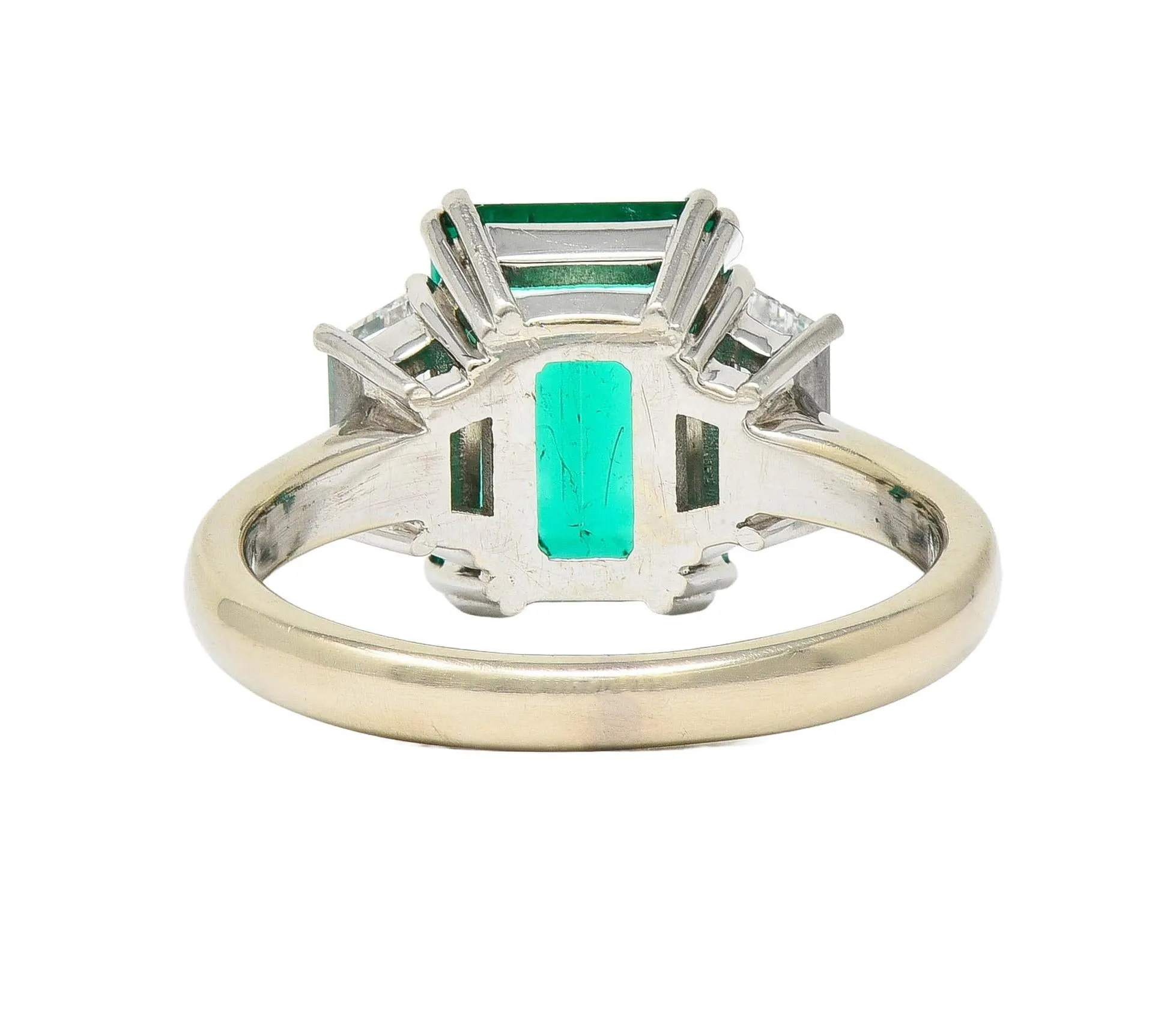 1980's 3.51 CTW Colombian Emerald Diamond Platinum 18 Karat White Gold Vintage Three Stone Ring AGL