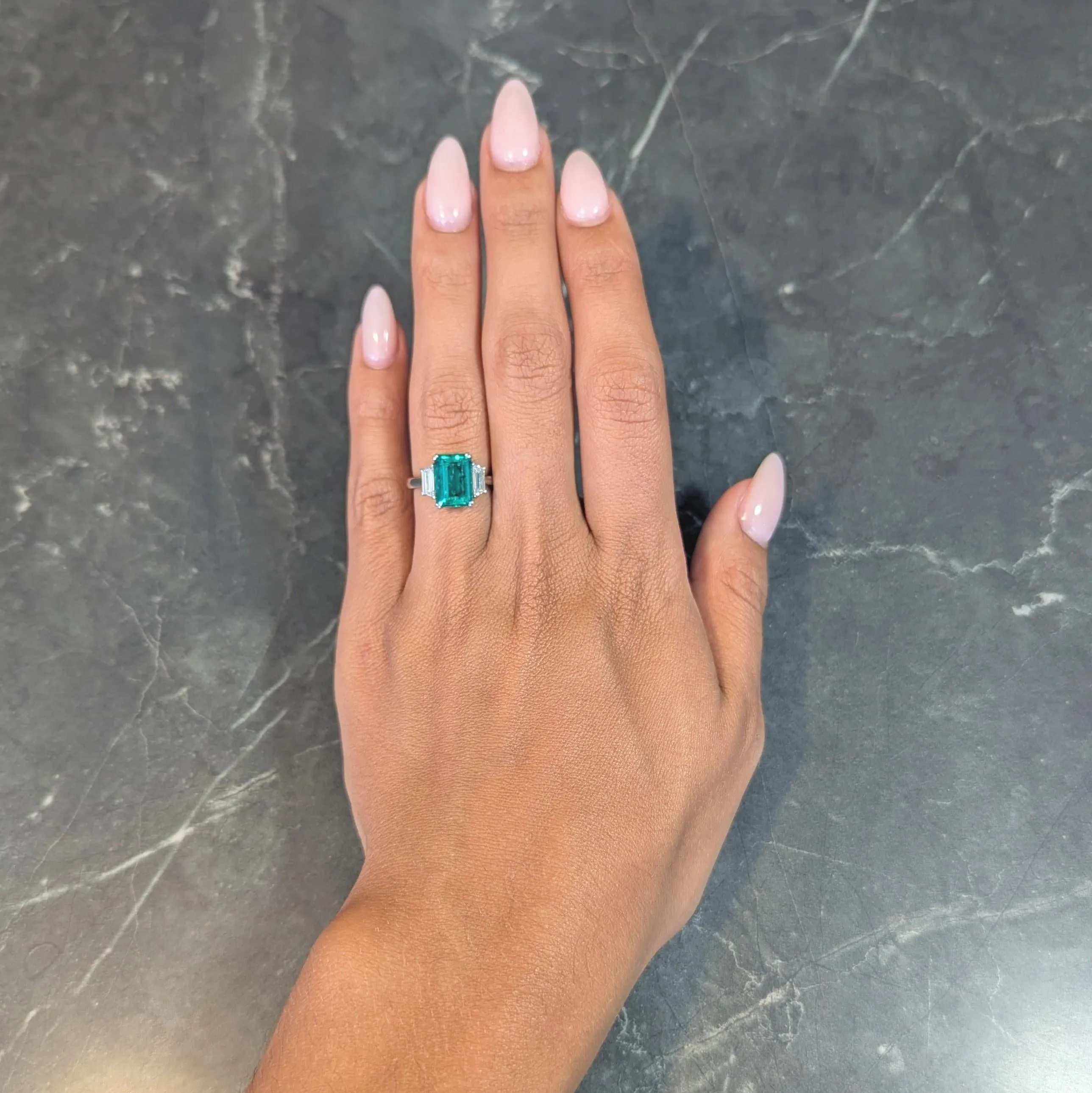 1980's 3.51 CTW Colombian Emerald Diamond Platinum 18 Karat White Gold Vintage Three Stone Ring AGL