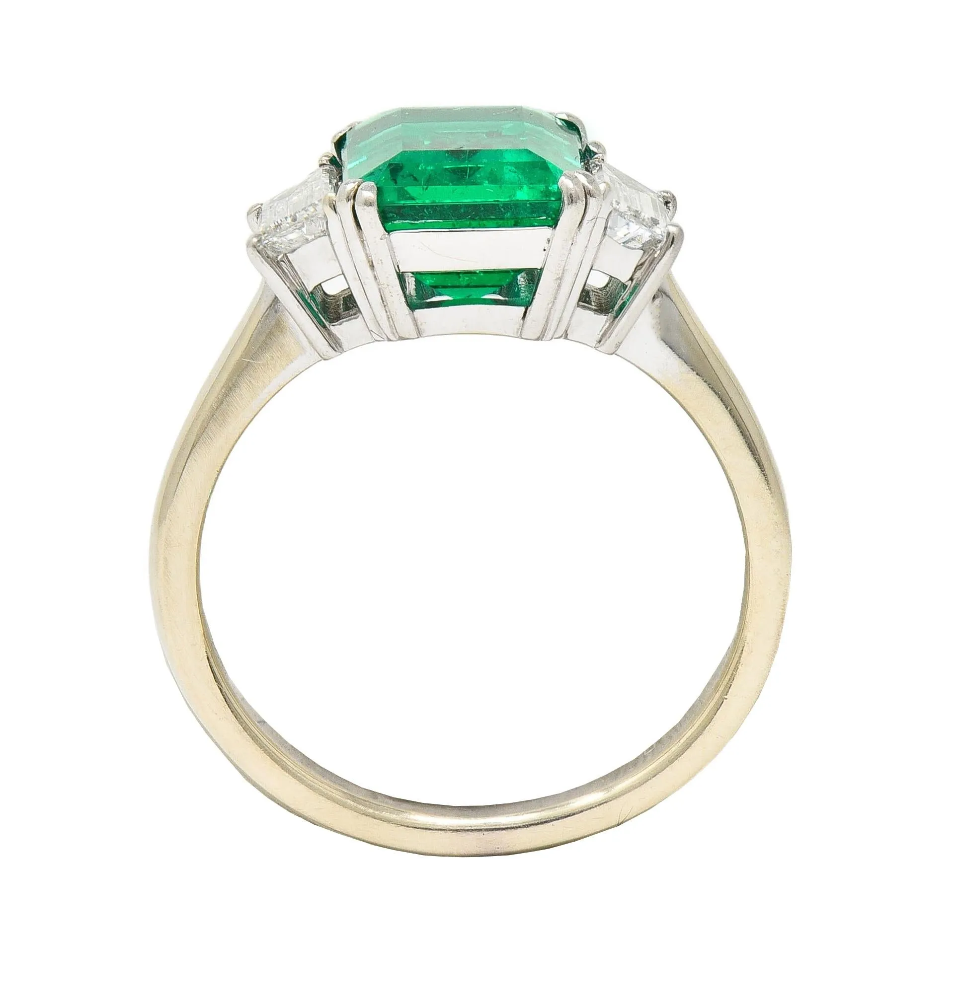 1980's 3.51 CTW Colombian Emerald Diamond Platinum 18 Karat White Gold Vintage Three Stone Ring AGL