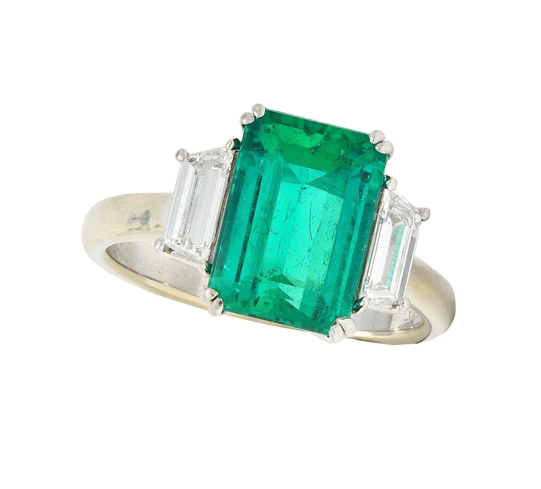 1980's 3.51 CTW Colombian Emerald Diamond Platinum 18 Karat White Gold Vintage Three Stone Ring AGL