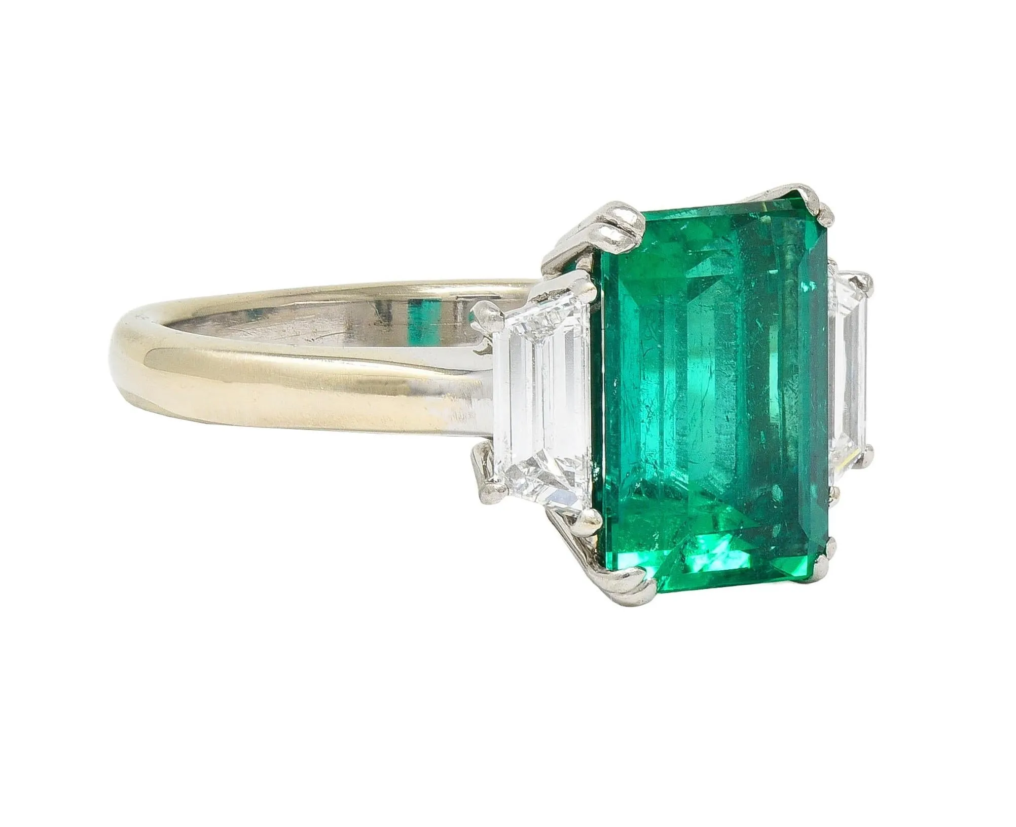 1980's 3.51 CTW Colombian Emerald Diamond Platinum 18 Karat White Gold Vintage Three Stone Ring AGL