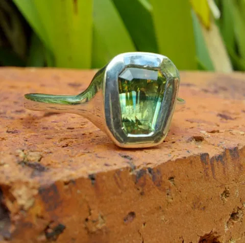 1ct Shield Cut Green Banded Sapphire Sterling Silver Ring