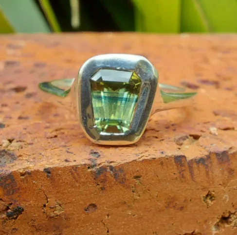 1ct Shield Cut Green Banded Sapphire Sterling Silver Ring