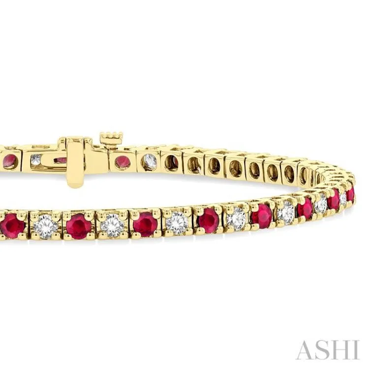 2.5 MM Ruby and 1 1/2 ctw Round Cut Diamond Square Box Link Precious Tennis Bracelet in 14K Yellow Gold