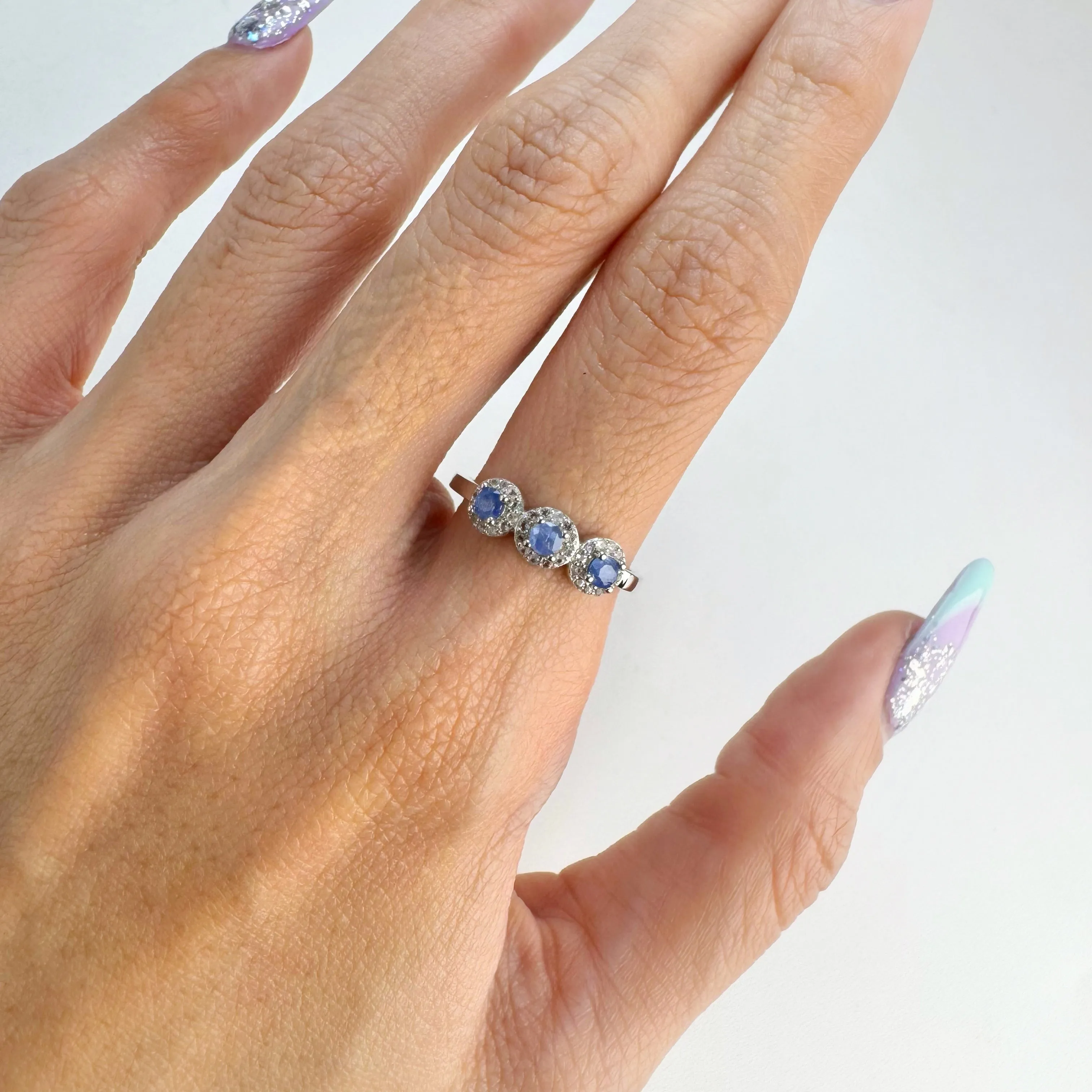 3 mm. Round Cut Blue Thai Sapphire with Cz Halo Cluster Ring