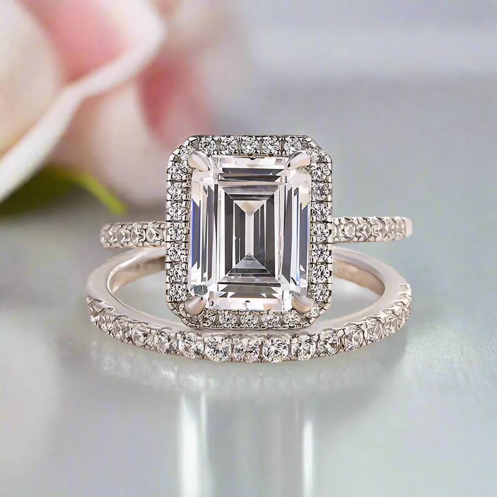 4.0ct Halo Emerald Cut Wedding Ring Set