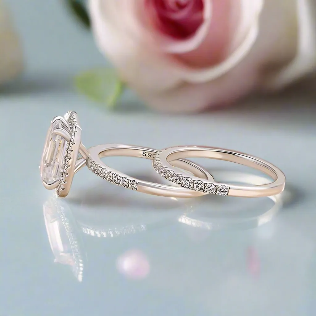 4.0ct Halo Emerald Cut Wedding Ring Set