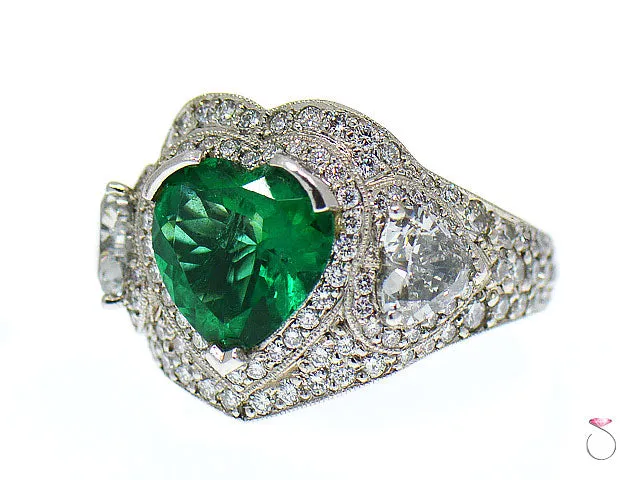 5 Carat Fine Colombian Heart Shape Emerald & Diamond Pave' Platinum Ring, GIA