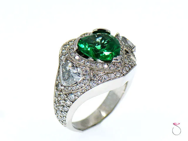 5 Carat Fine Colombian Heart Shape Emerald & Diamond Pave' Platinum Ring, GIA