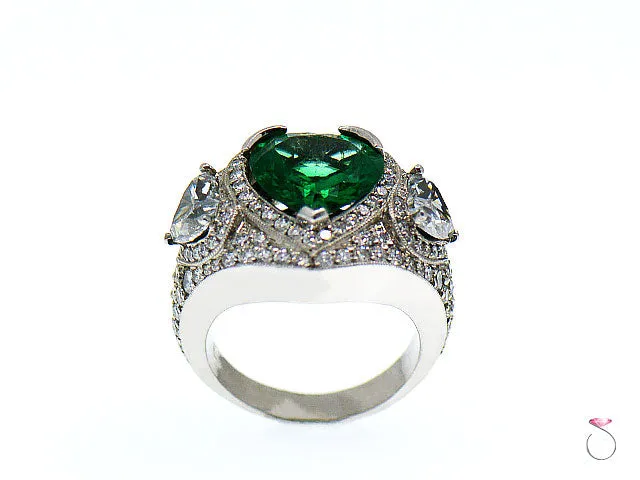 5 Carat Fine Colombian Heart Shape Emerald & Diamond Pave' Platinum Ring, GIA