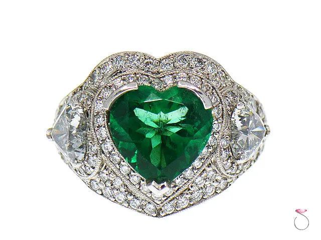 5 Carat Fine Colombian Heart Shape Emerald & Diamond Pave' Platinum Ring, GIA