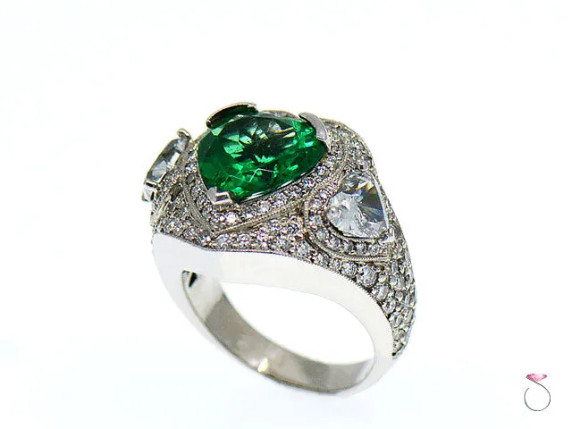 5 Carat Fine Colombian Heart Shape Emerald & Diamond Pave' Platinum Ring, GIA