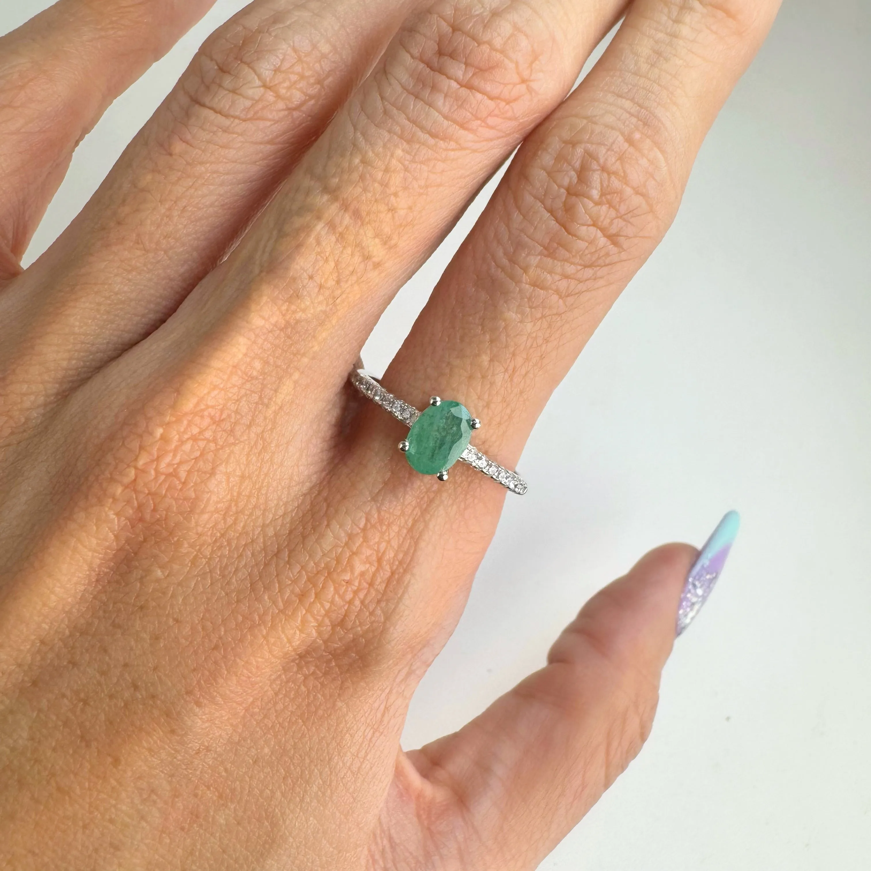 5 x 7 mm. Oval Cut Green Brazilian Emerald with Cz Band Ring