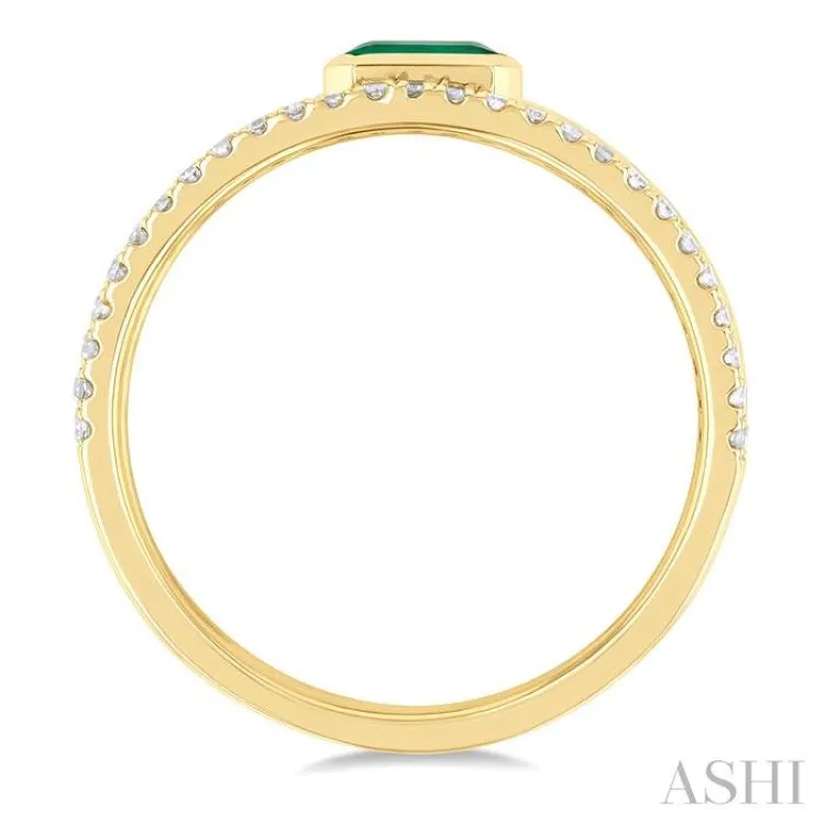 5x3 MM East- West Emerald and 1/4 ctw Single Cut Diamond Triple Split Precious Ring in 10K Yellow Gold