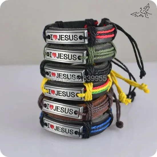 6pcs/lot MIX Color I Love JESUS Bracelets Leather Alloy ID Bracelet Fashion Catholic Christian Religious Jewelry