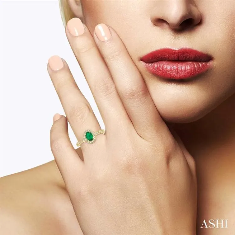 6x4 MM Oval Shape Emerald and 1/6 ctw Round Cut Diamond Precious Ring in 10K Yellow Gold