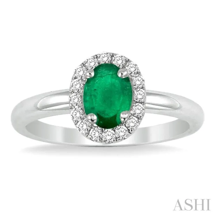 6x4 MM Oval Shape Emerald and 1/6 Ctw Round Cut Diamond Ring in 14K White Gold