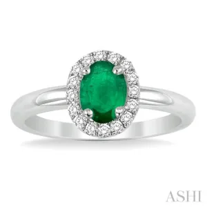 6x4 MM Oval Shape Emerald and 1/6 Ctw Round Cut Diamond Ring in 14K White Gold