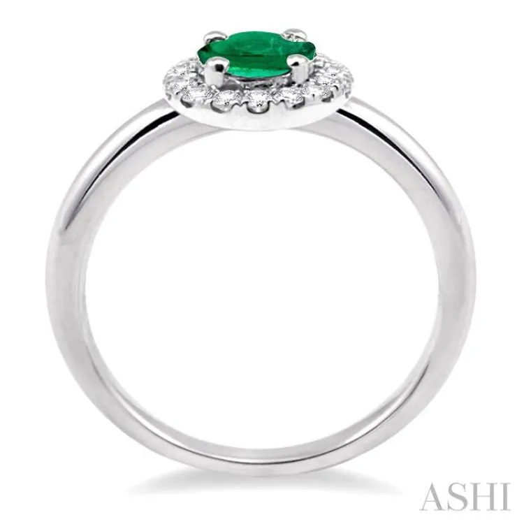 6x4 MM Oval Shape Emerald and 1/6 Ctw Round Cut Diamond Ring in 14K White Gold