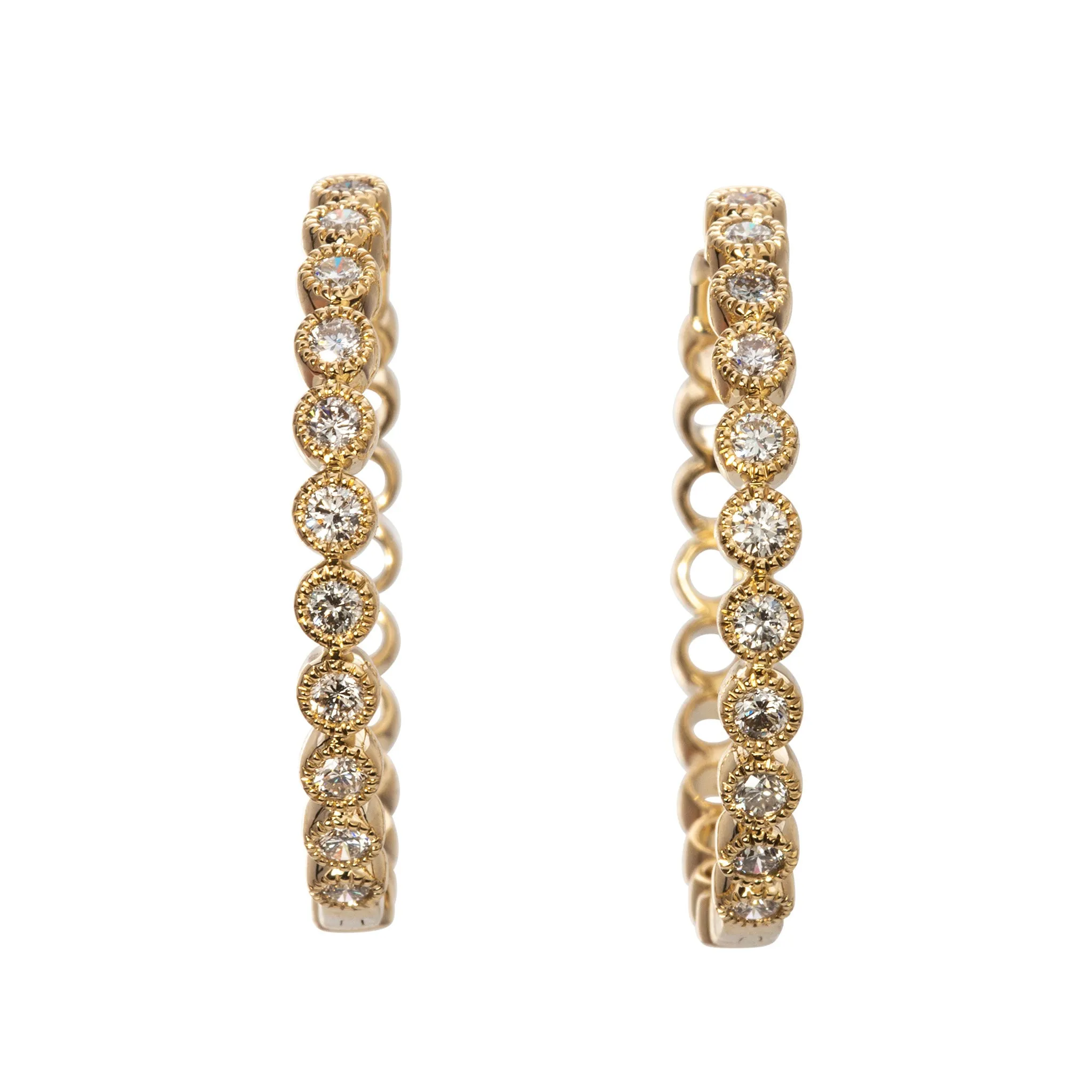 .70ctw Diamond Milgrain Bezel 14K Yellow Gold Hoop Earrings