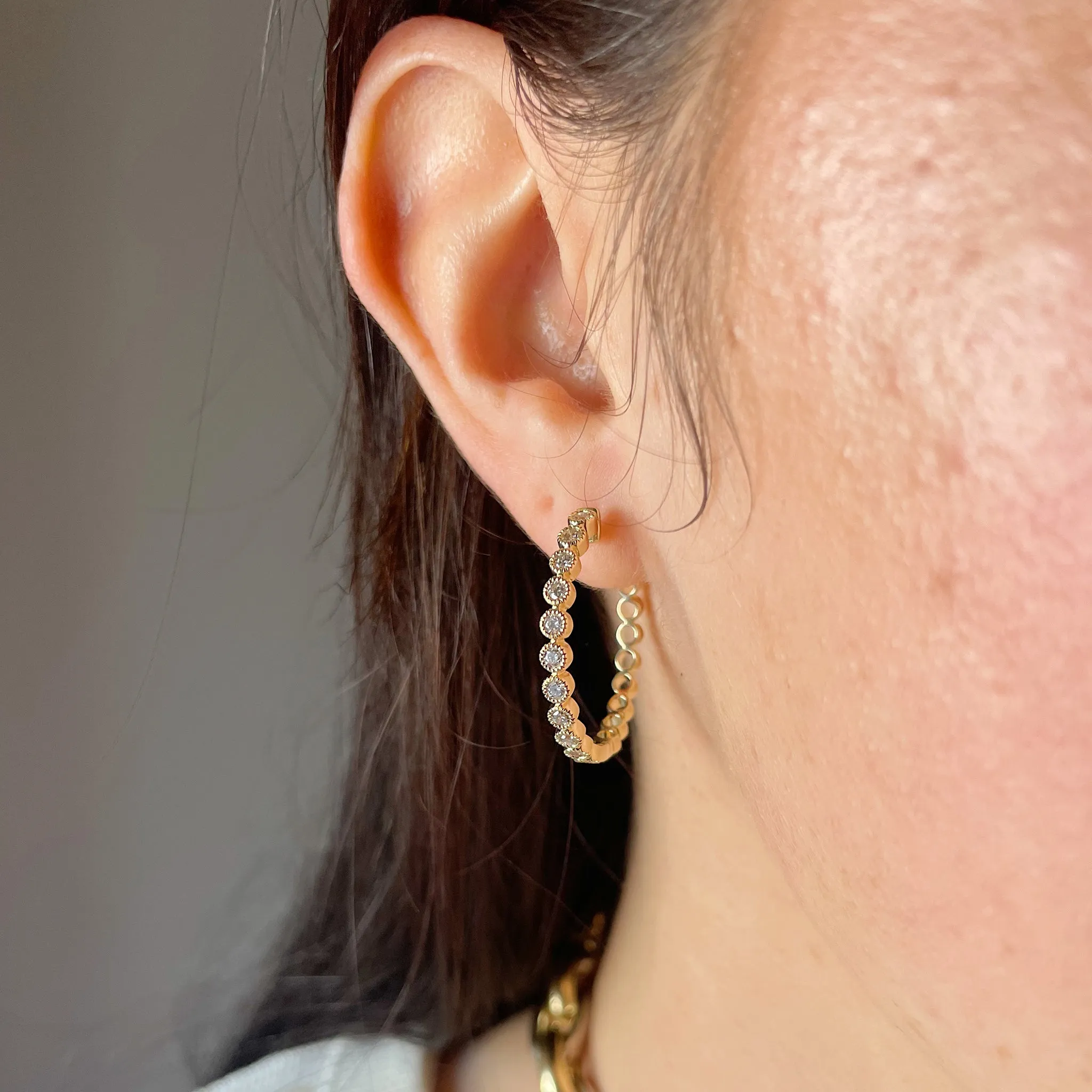 .70ctw Diamond Milgrain Bezel 14K Yellow Gold Hoop Earrings