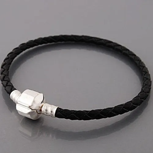 7.0" Genuine Leather Black Bracelet fits European Charms Compatible
