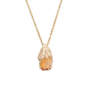 70s Freeform Mexican Fire Opal Necklace Pendant 14k Yellow Gold Orange Jewelry