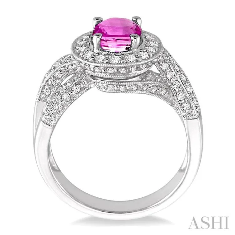 8x6mm Oval Cut Pink Sapphire and 3/4 Ctw Round Cut Diamond Ring in 14K White Gold
