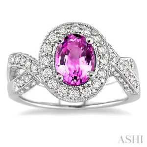 8x6mm Oval Cut Pink Sapphire and 3/4 Ctw Round Cut Diamond Ring in 14K White Gold