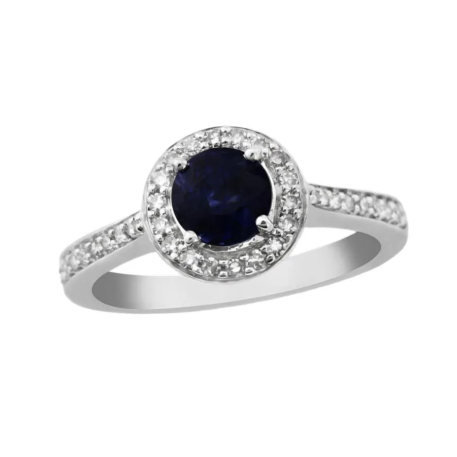 9ct White Gold Round Cut Sapphire & Diamond Halo Cluster Ring