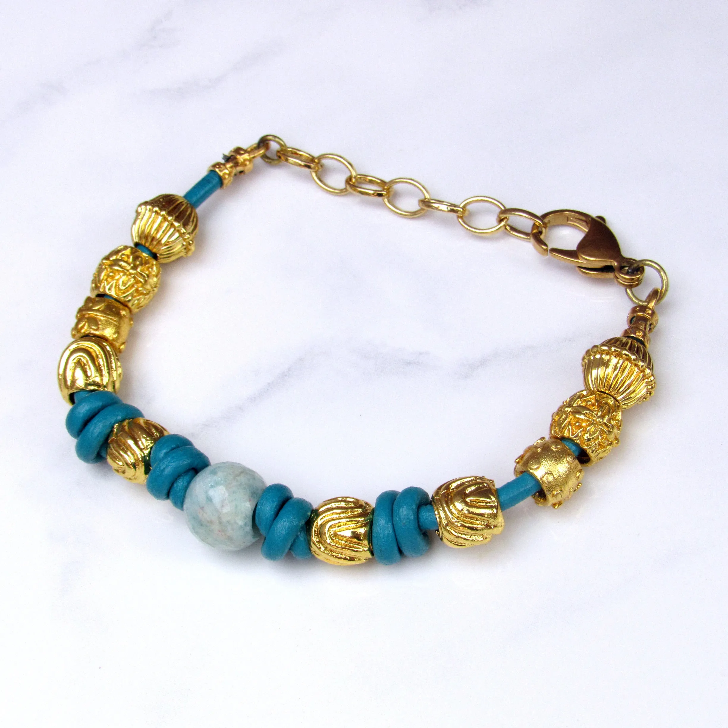 Amazonite gemstone with Bali Beads on hand knotted Leather