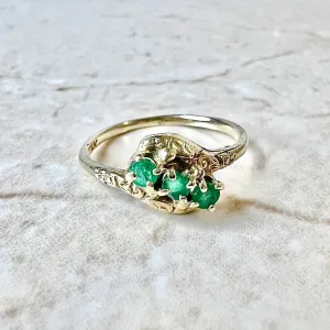 Antique 14 Karat Yellow Gold Natural Emerald Three-Stone Ring