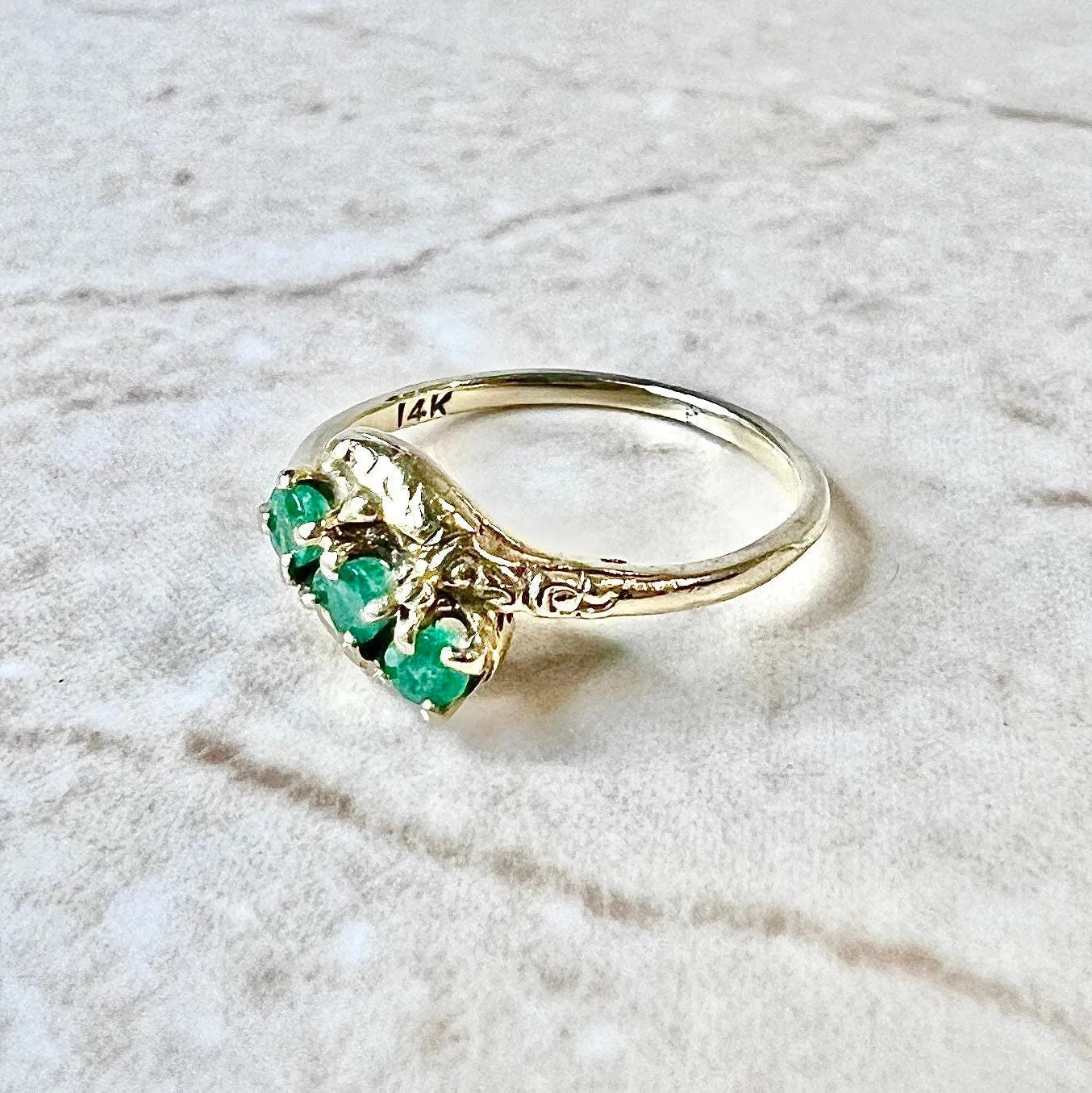 Antique 14 Karat Yellow Gold Natural Emerald Three-Stone Ring