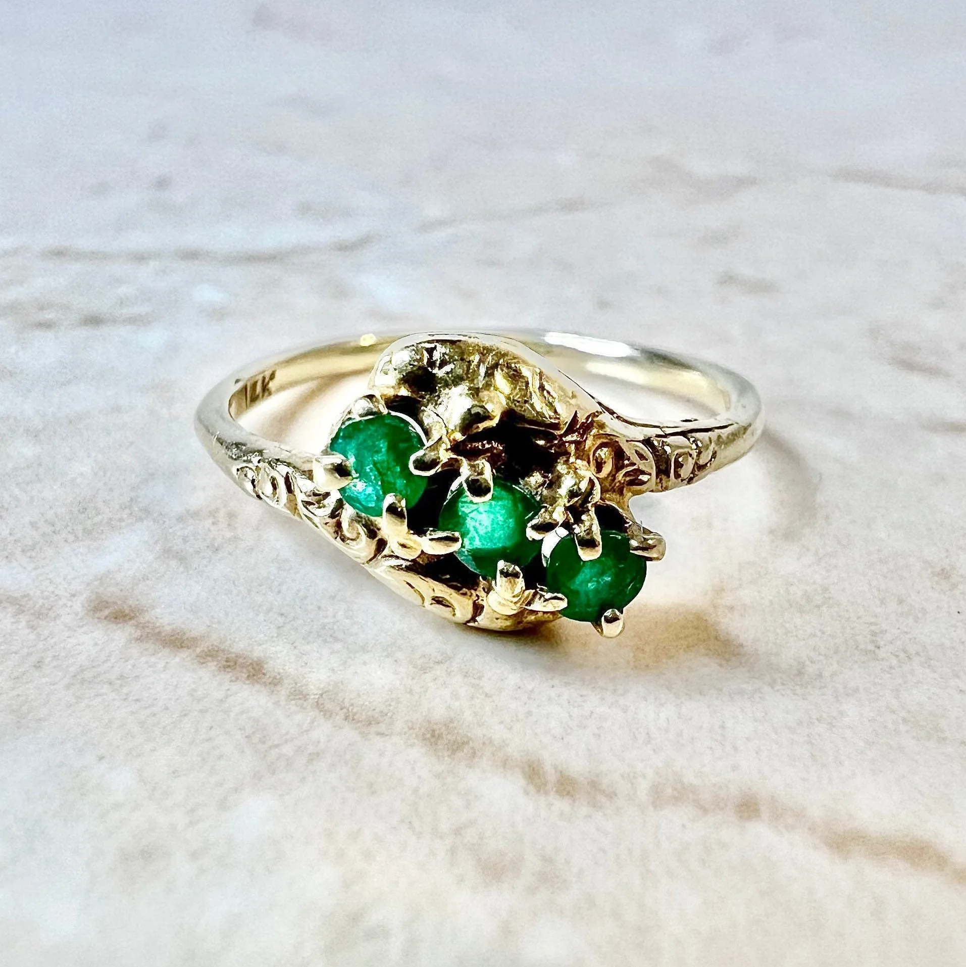 Antique 14 Karat Yellow Gold Natural Emerald Three-Stone Ring